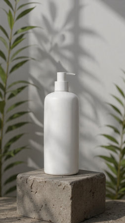 White cosmetic bottle on concrete podium with shadow of green leaves on white wall backgroundの写真素材