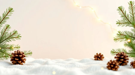 Christmas background with fir branches, pine cones and garland lights.の写真素材