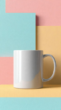 White mug on colorful background. Minimalistic still life with copy space.の写真素材