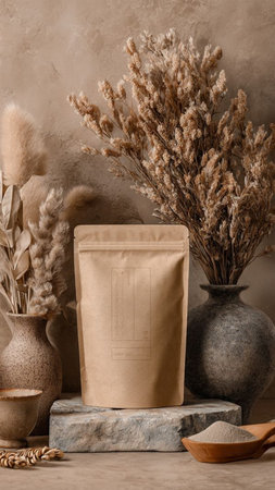 Bag of wheat flour and dried flowers in vase on stone tableの写真素材