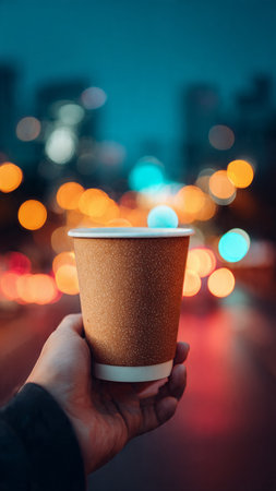 Hand holding paper cup of coffee with bokeh lights background.の写真素材