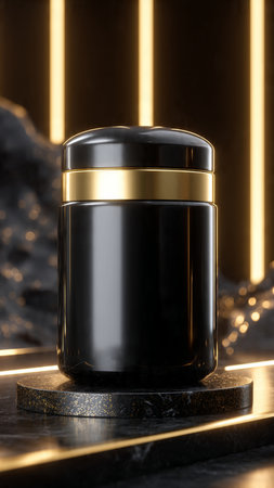 Mockup of black cosmetic bottle on dark background, 3d renderの写真素材