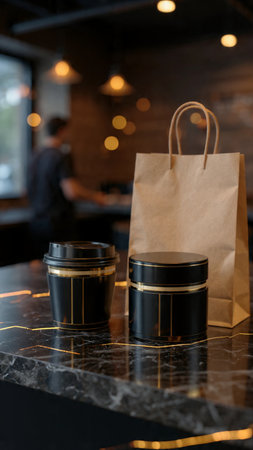 Coffee cup and paper bagle counter in coffee shop