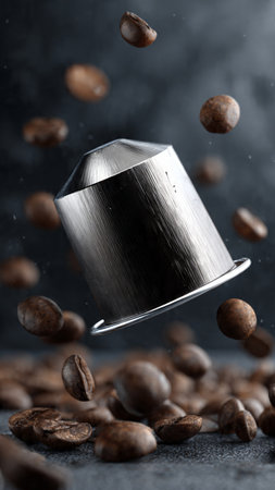 Coffee beans falling on a coffee grinder on a dark backgroundの写真素材