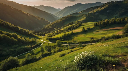 Panoramic view of the mountains in the evening. Carpathians, Ukraineの写真素材