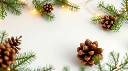Christmas background with fir tree branches, pine cones and garland lights on white backgroundの写真素材