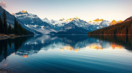 Lake Louise at sunset, Banff National Park, Alberta, Canadaの写真素材
