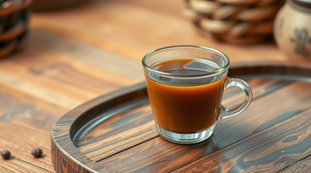 Cup of coffee on a wooden table, close-up.