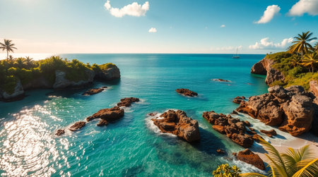 Aerial view of beautiful beach with palm trees and turquoise seaの写真素材
