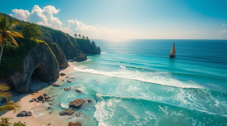 Aerial view of beautiful beach with white sand, turquoise ocean and blue sky.の写真素材