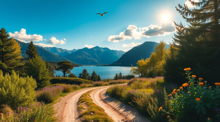 Dirt road along the shore of Lake Wakatipu, Queenstown, New Zealandの写真素材