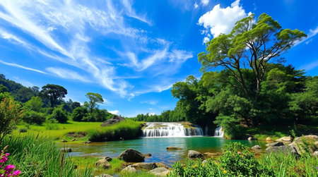 Waterfall in the tropical forest on a background of blue sky.の写真素材