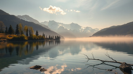 Mountain lake at sunrise in the Swiss Alps. Reflection in water
