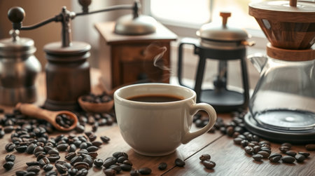 Cup of coffee and coffee beans on wooden table, closeupの写真素材