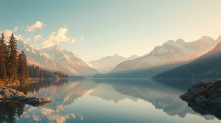 Mountain lake in the morning. Panoramic view of the lake.の写真素材