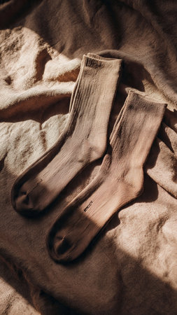 Pair of socks on fabric background. Toned image.の写真素材