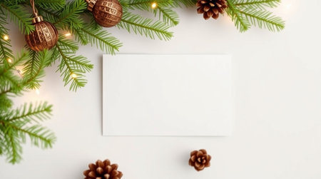 Christmas greeting card mockup with fir tree branches and decorations on white background.の写真素材
