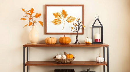 Wooden shelf with pumpkins and autumn leaves in cozy room interior