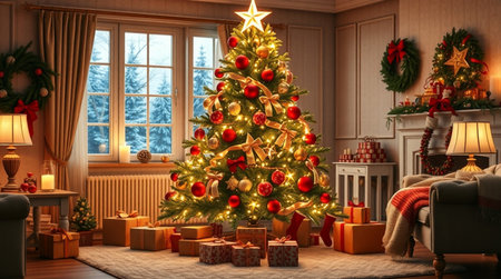 Christmas tree with decorations in the living room. 3d illustration.の写真素材