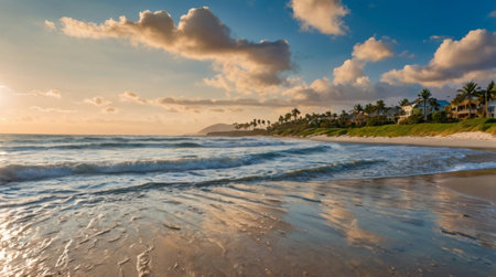 Panoramic view of the beautiful tropical beach with palm trees at sunsetの写真素材