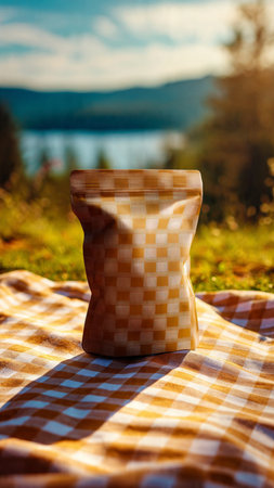 Picnic on the lake in the mountains. Picnic in nature.の写真素材