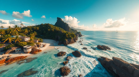 Aerial view of beautiful beach with turquoise water and rock island at sunset timeの写真素材