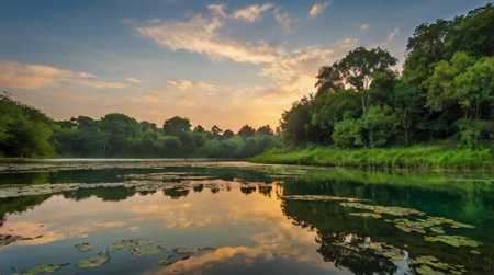 landscape of river and forest at sunset in the countryside of Thailandの写真素材