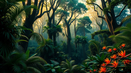 Beautiful tropical forest with sunlight in the morning. Nature background.