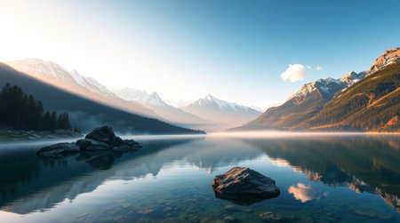 Mountain lake with reflection of snow-capped peaks in the morningの写真素材