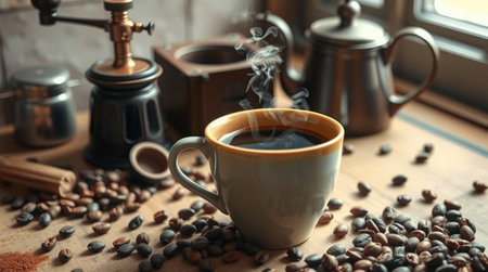 Cup of coffee and coffee beans on wooden table, closeup