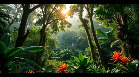 Tropical rainforest with sunbeams. Nature background.