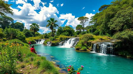 Tropical waterfall in Costa Rica, Central America, South Americaの写真素材