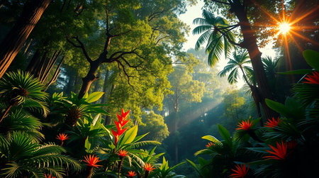 Beautiful tropical forest at sunrise. Nature background. Travel concept.