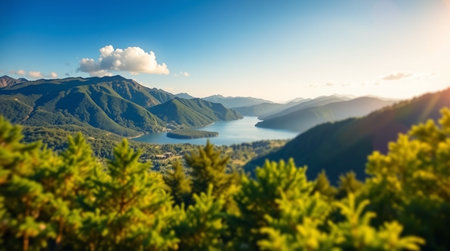 Panoramic view of the lake and mountains in the morning light.の写真素材