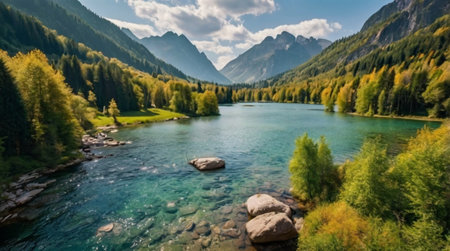 Panoramic view of a mountain lake in the Dolomites