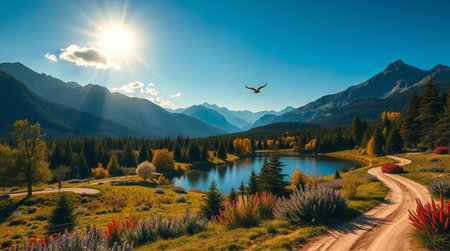 Beautiful autumn landscape in the mountains. Panoramic view of a mountain lake with a flying bird.の写真素材