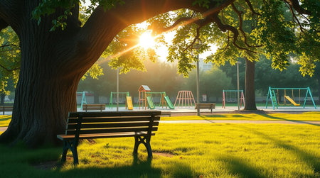 Empty bench in the park on a sunny summer day. 3d rendering