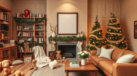 Christmas living room interior with Christmas tree and fireplace. 3d renderの写真素材