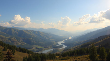 Mountain landscape with river and blue sky. Panoramic view.の写真素材