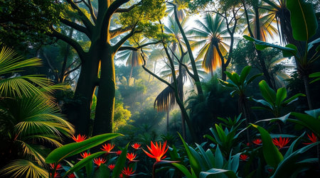 Tropical rainforest with palm trees and red flowers at sunriseの写真素材
