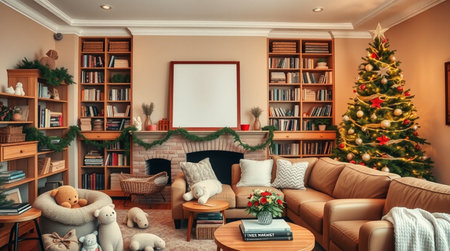 Living room with Christmas tree, sofa and armchair. 3d renderingの写真素材