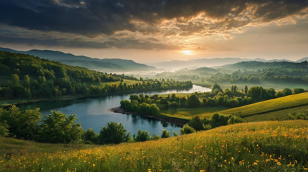 Beautiful summer landscape with river and mountains in the background. Ukraine, Europe.