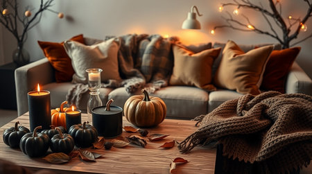 Cozy living room decorated with pumpkins, candles and plaidの写真素材