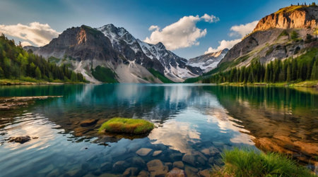 Mountain lake with clear water and reflection of mountains in it.
