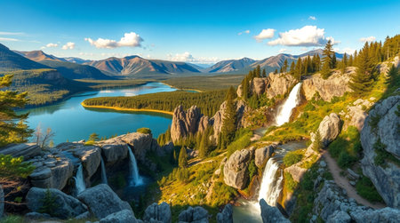 Panoramic view of the lake and the waterfall.の写真素材