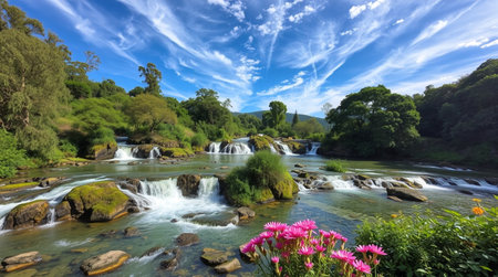 Waterfall in the forest with pink flowers and blue sky with cloudsの写真素材