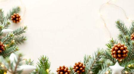 Christmas greeting card with copy space. Fir tree branches and Christmas lights on white background....