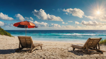 Chairs and umbrella on the beach at Seychelles.の写真素材