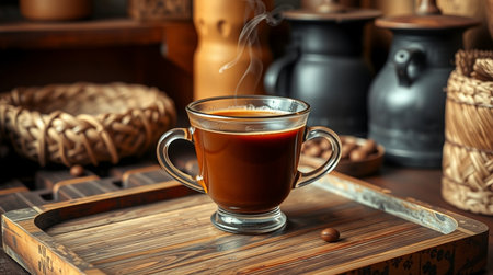 Coffee in a glass cup on a wooden tray on a brown backgroundの写真素材