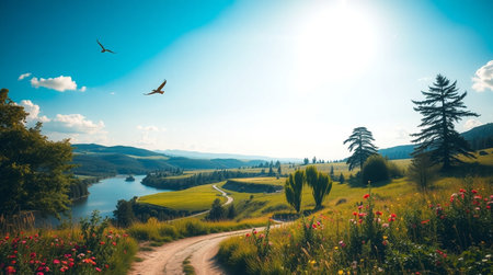 Beautiful summer landscape with lake and mountains in the background.の写真素材
